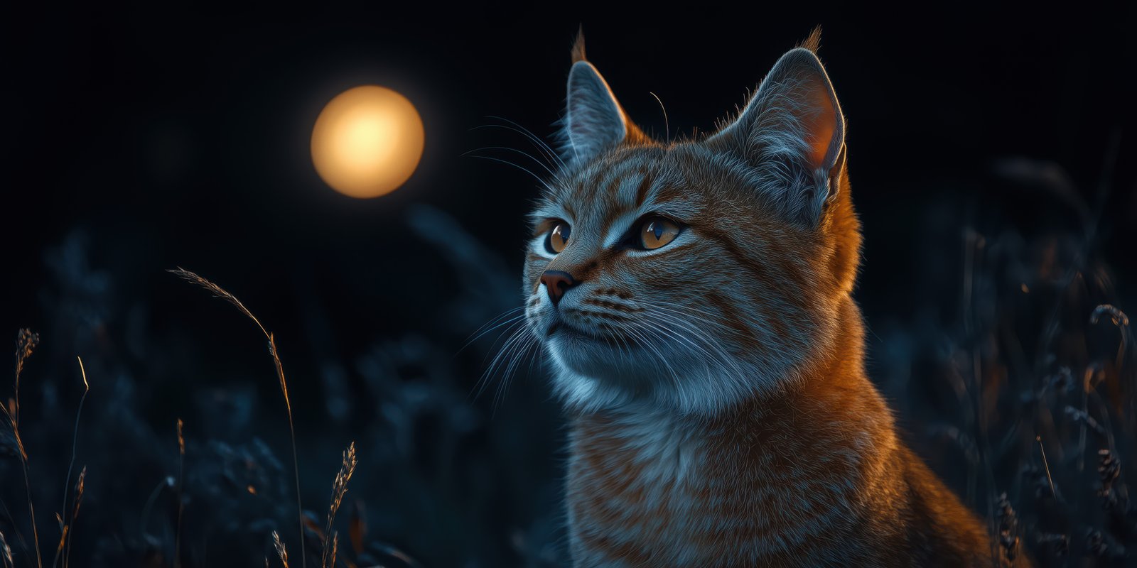 Lynx observes moonlit landscape in tranquil night setting with illuminated surroundings and deep shadow contrasts